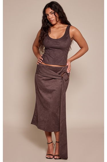 Shape Chocolate Suede Trim Detail Midi Skirt