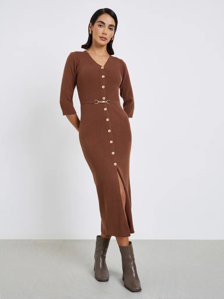 ribbed midi dress with belt Red Ribbed Knit Midi Dress: Belted Bodycon, Flared Sleeve