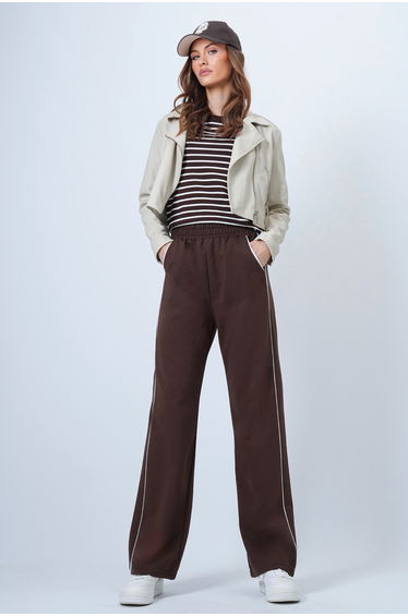 Women's Brown Wide Leg Piped Detail Elastic Waist Sweatpants
