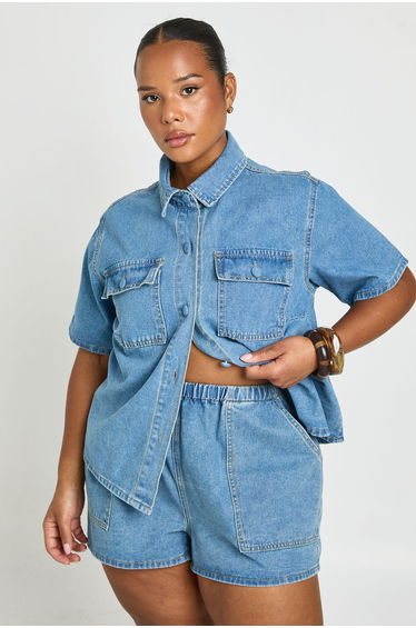 Plus Elasticated Denim Flippy Short - light wash