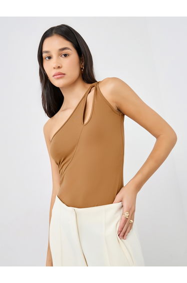 Brown Fitted One Shoulder Neck Knit Top