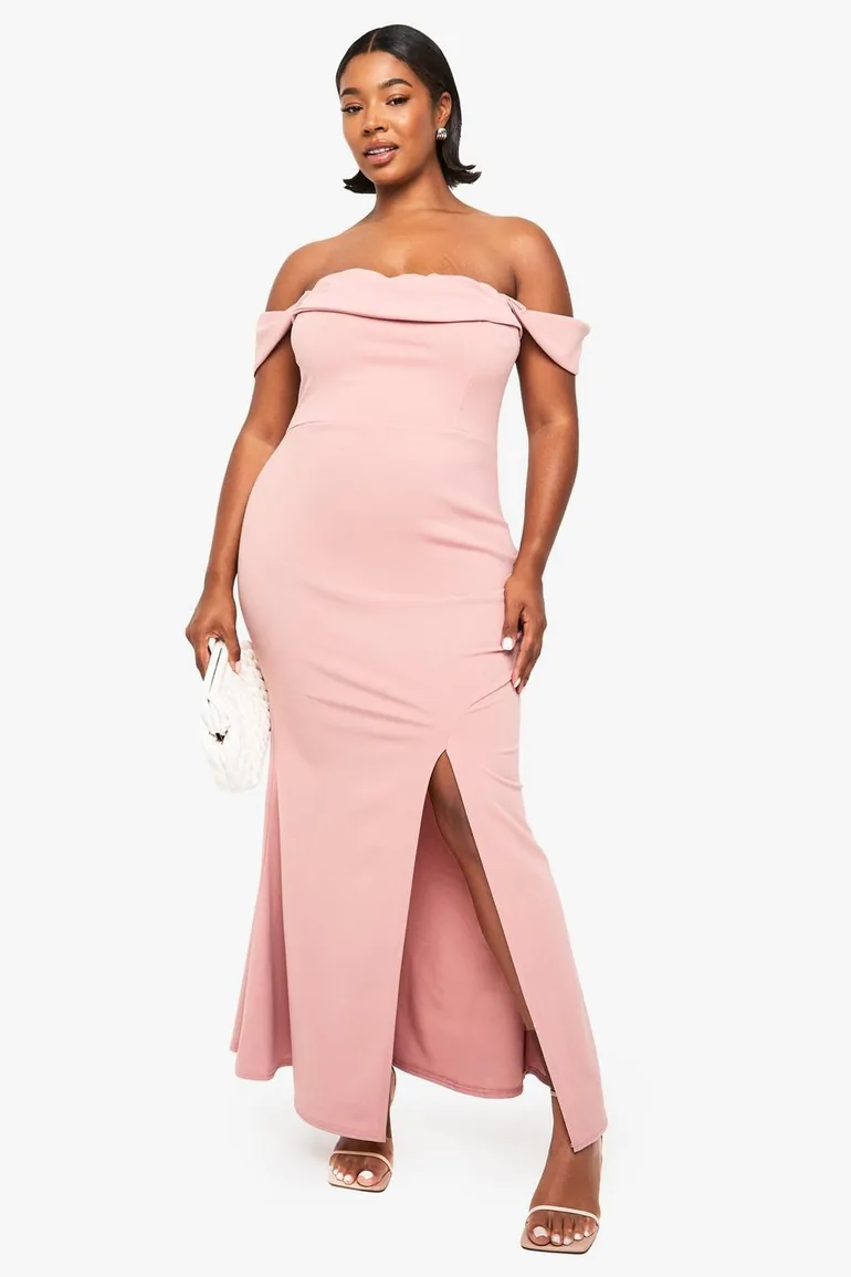 chinese dress ladies Plus Size Bardot Pleated Maxi Bridesmaid Dress in Blue main image 0
