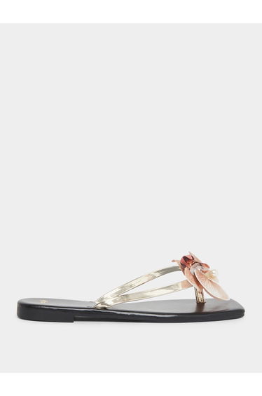 Black Flat Sandals with Floral Detail