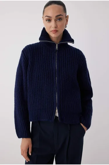 Navy Blue Zipper Detailed Soft Texture Wide Pattern Turn-down Collar Knitwear Cardigan