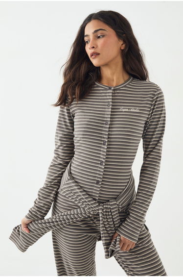 DSGN Studio Stripe Button Through Long Sleeve Top - charcoal