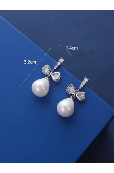 Silver Faux Pearl Bow Drop Earrings