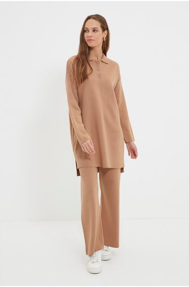Camel Polo Neck Tunic-Pants Knitwear Set
