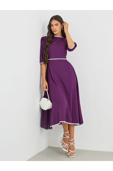 Solid Boat Neck A-Line Dress with Lace Trim