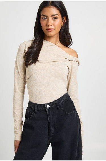 Ribbed Twist Asymmetric Bodysuit - stone