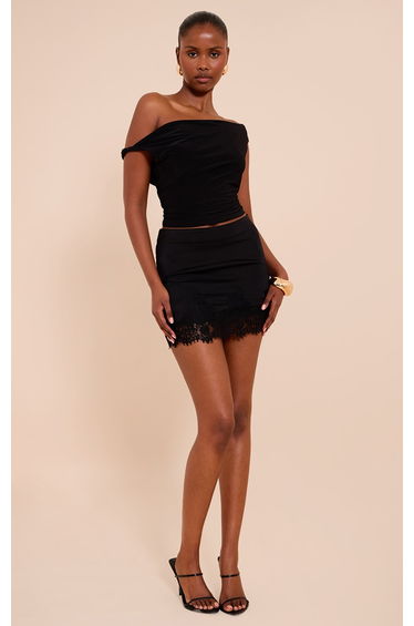 Black Satin Lace Trim Mini Skirt