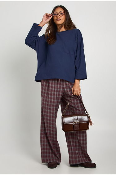 Maternity Cotton Pocket Front Long Sleeve Top - navy
