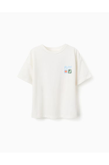 Cotton T Shirt With Colourful Beach Prints For Boys White