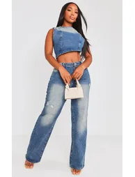 Shape Mid Blue Acid Wash Washed Denim Wide Leg Jeans