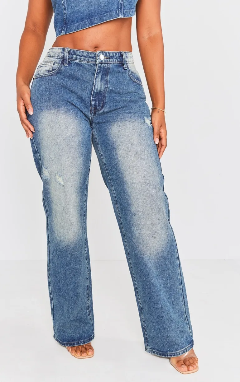 Shape Mid Blue Acid Wash Washed Denim Wide Leg Jeans - 1