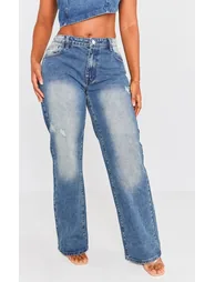 Shape Mid Blue Acid Wash Washed Denim Wide Leg Jeans - 1