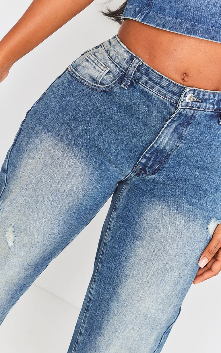 Shape Mid Blue Acid Wash Washed Denim Wide Leg Jeans - 3