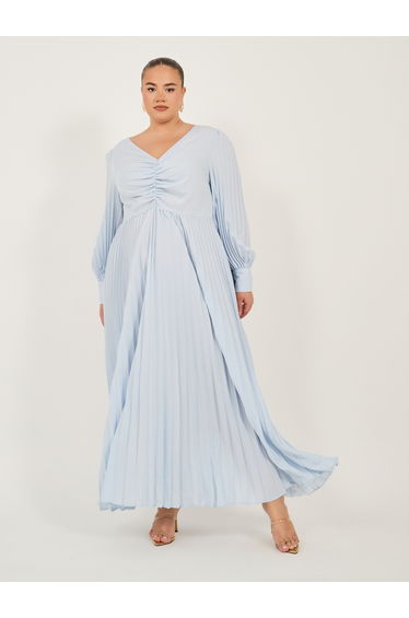 Plus Size Pleated Long Sleeves A-Line Maxi Dress