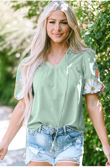 Lvness Embroidered Puff Sleeve Split Neck Blouse
