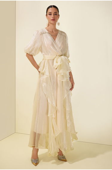 Rhinestone Rivets Ruffle Puff Sleeve Maxi Dress