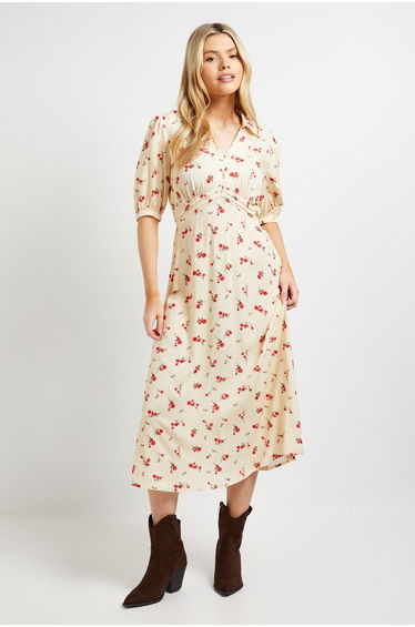 Yellow Ditsy Collared Button Detail Puff Sleeve Midi Dress