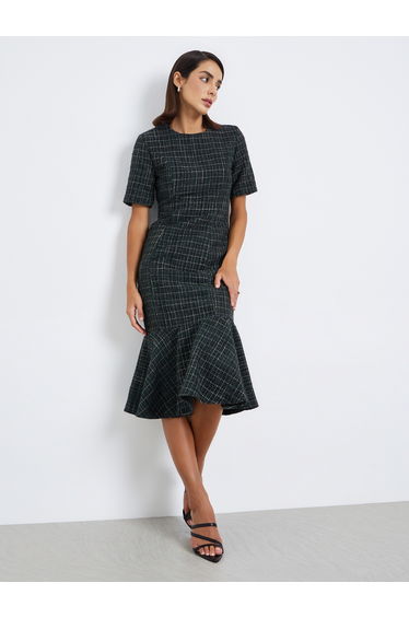 Women Tweed Look Mermaid Hem Midi Dress