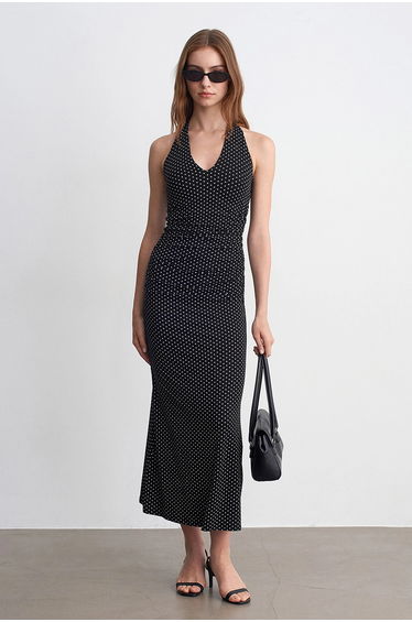 DILVIN Polka Dot Halter Midi Dress With Cut-Out