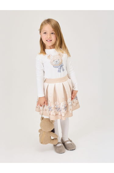 Monnalisa Girls Flower Bear Long Sleeve T-Shirt in Ivory