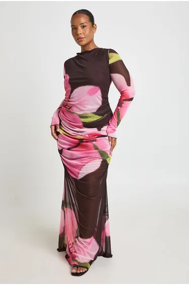 Plus Floral Ruched Mesh Maxi Dress - chocolate