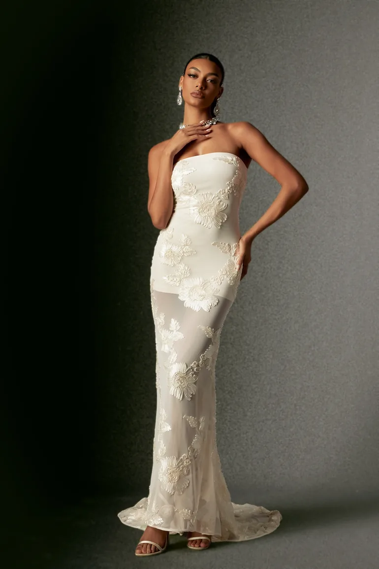 Deliyn Strapless Embroidery Flr Mesh Maxi Dress - 4