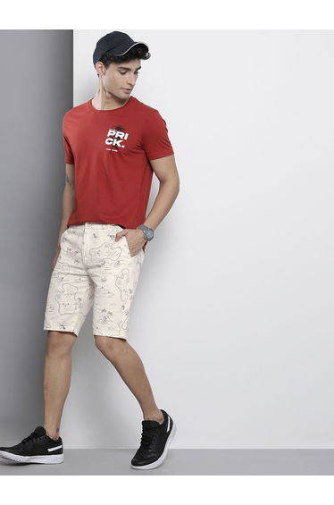 Men Cream Slim Fit Printed Shorts