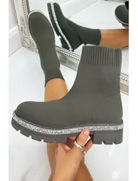 Lemonade Sparkly Stretch Chunky Sock Ankle Boots Khaki - 1
