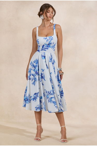 Lissa | Blue Floral Print Square-Neck Midi Dress