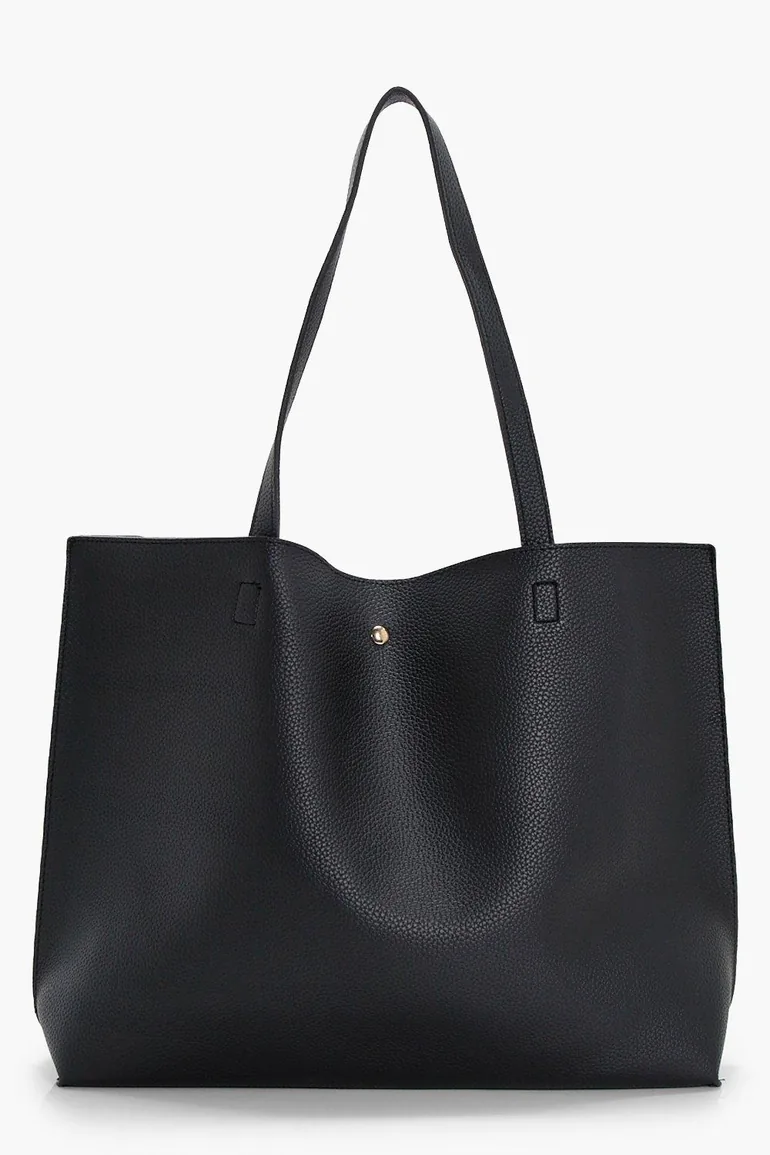 Large Popper Tote Shopper Bag - black