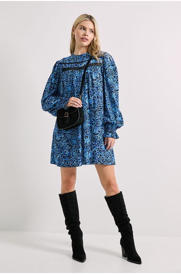 Lace Blue Floral Detail Printed Boho Mini Dress