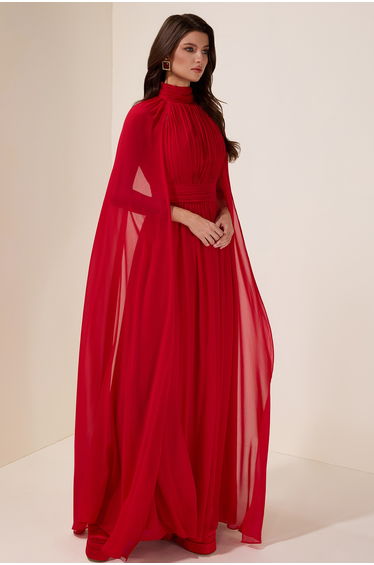 Chiffon Pleated Cape Sleeve Maxi Dress