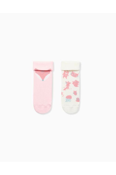 Pack of 2 Non-Slip Socks for Baby Girls 'Fox', White/Pink