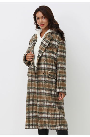Peak Lapel Buttoned Plaid Fuzzy Coat in Camel