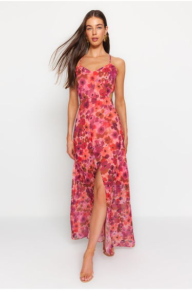 Red Slit Detailed Woven Dress