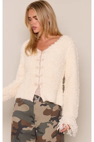 Petite Cream Boucle Fringe Collar Toggle Front Long Sleeve Knitted Cardigan