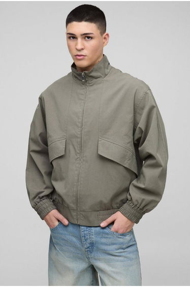 Oversized Boxy Pocket Detail Twill Funnel Neck Bomber Jacket - olive