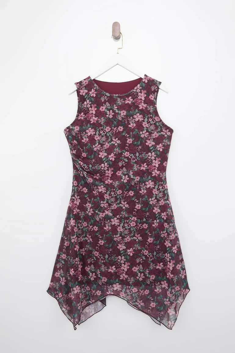 Burgundy Floral Patterned Tulle Handkerchief Skirt Knitted Plus Size Dress