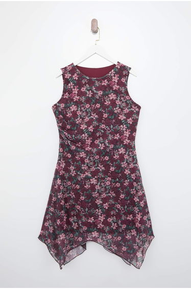 Burgundy Floral Patterned Tulle Handkerchief Skirt Knitted Plus Size Dress