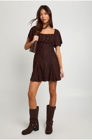 Burnout Floral Godet Hem Mini Dress - chocolate
