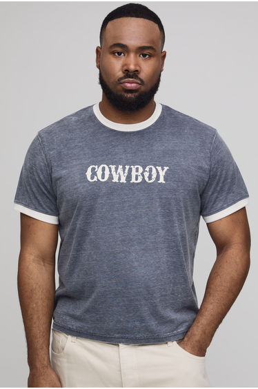 Plus Regular Ringer Slub Cowboy Club Puff Print T-Shirt - black