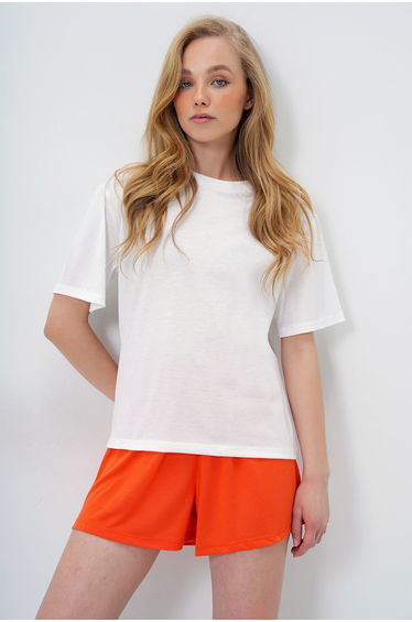 Women's Orange Cotton Basic T-Shirt and Tie-Up Shorts Combed Cotton Bottom Top Set