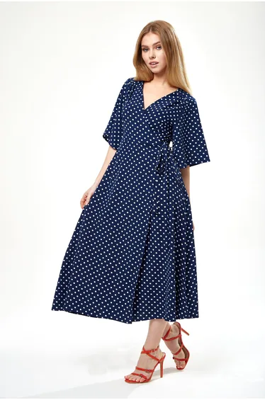 Women's Midi Wrap Dress in Navy with Kimono Sleeves .