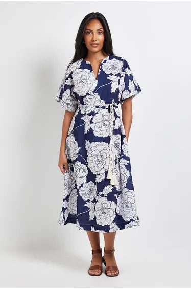 Petite Floral Belted Midi Dress