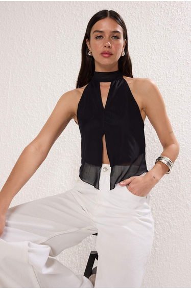 Black Halter Neck Knitted Tulle Party Blouse