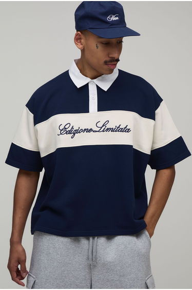 Oversized Boxy Colour Block Rugby Polo - navy
