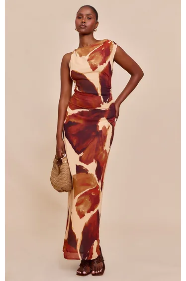 Brown Floral Printed Floral Chiffon Ruched Maxi Dress